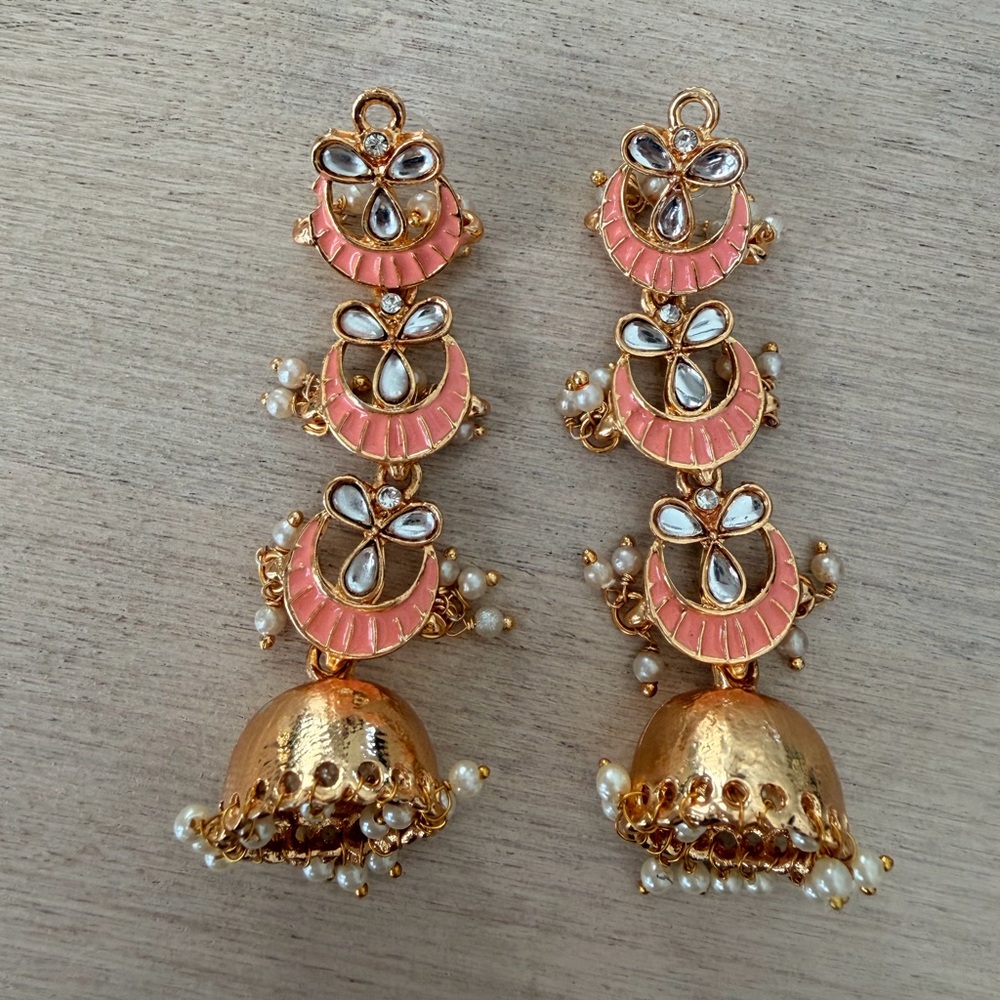 Elegant Gold and Pink/Peach Jhumka Earrings